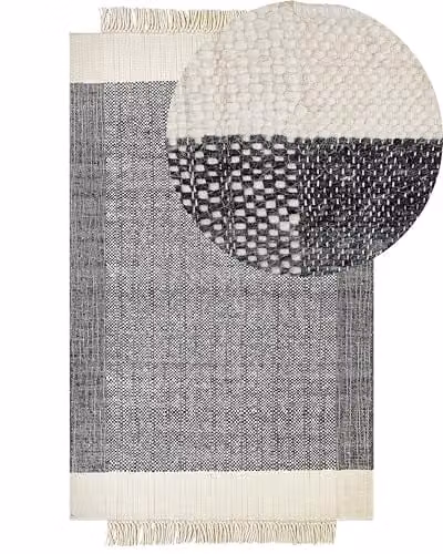 Tappeto in lana bianco sporco nero 140 x 200 cm fatto a mano con nappe