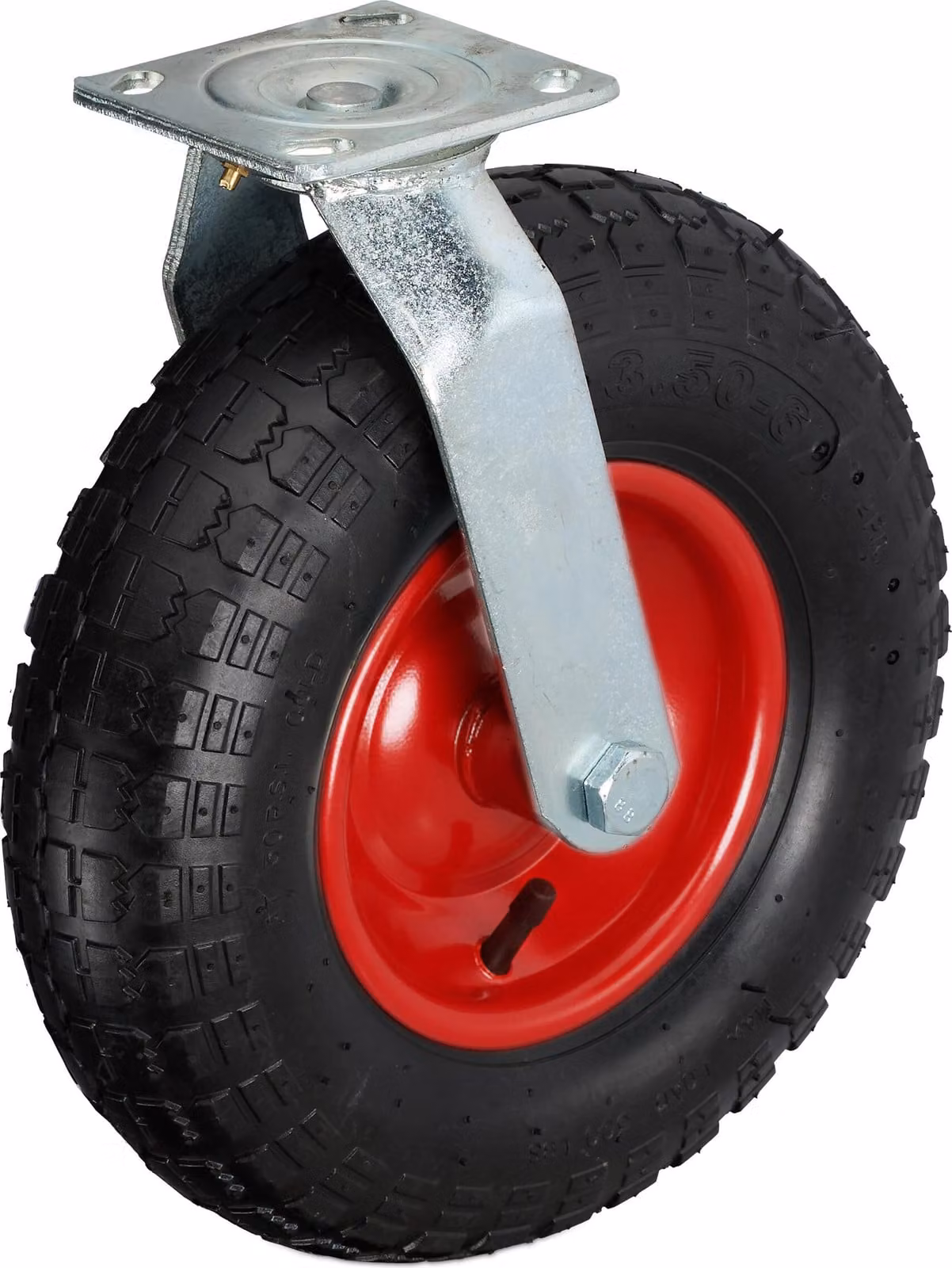Ruota orientabile Relaxdays, con pneumatico, 3.50-6, ruota da trasporto per carichi pesanti, piastra da avvitare, fino a 120 kg, nero/rosso