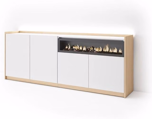 Credenza, Mobile, Cucina, 207x80x37 cm, 4 Porte, Camino elettrico, LED, Bianco e Rovere soft