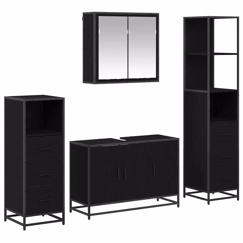 Set di mobili per il bagno moderno vidaXL in legno e metallo nero, composto da armadietto con specchio, mobile lavabo, mobile laterale e colonna alta, L/P/H: 90 x 33 x 166 cm – 2