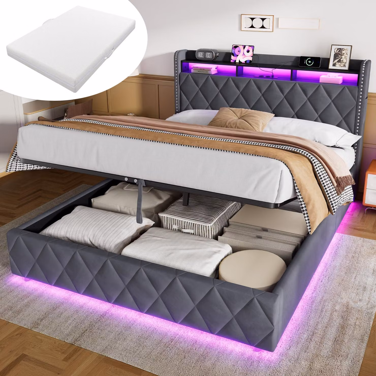 Letto imbottito MODFU, 160 x 200 cm, in velluto, con materasso. Letto matrimoniale con spazio contenitore idraulico. Letto multifunzionale, ideale per ragazzi, con illuminazione a LED e testiera a forma di rombo. Colore: grigio