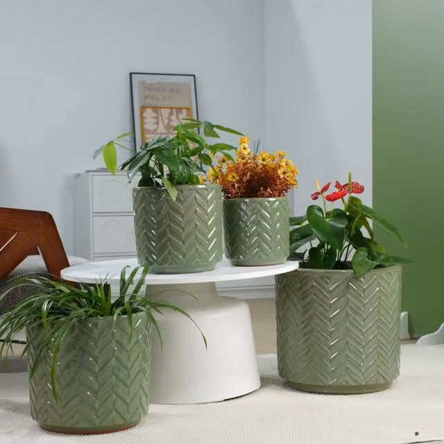 Set di 4 vasi da fiori Minimal in ceramica verde salvia per giardino e interno H: 38 x 31,5 x 24,5 x 20 cm