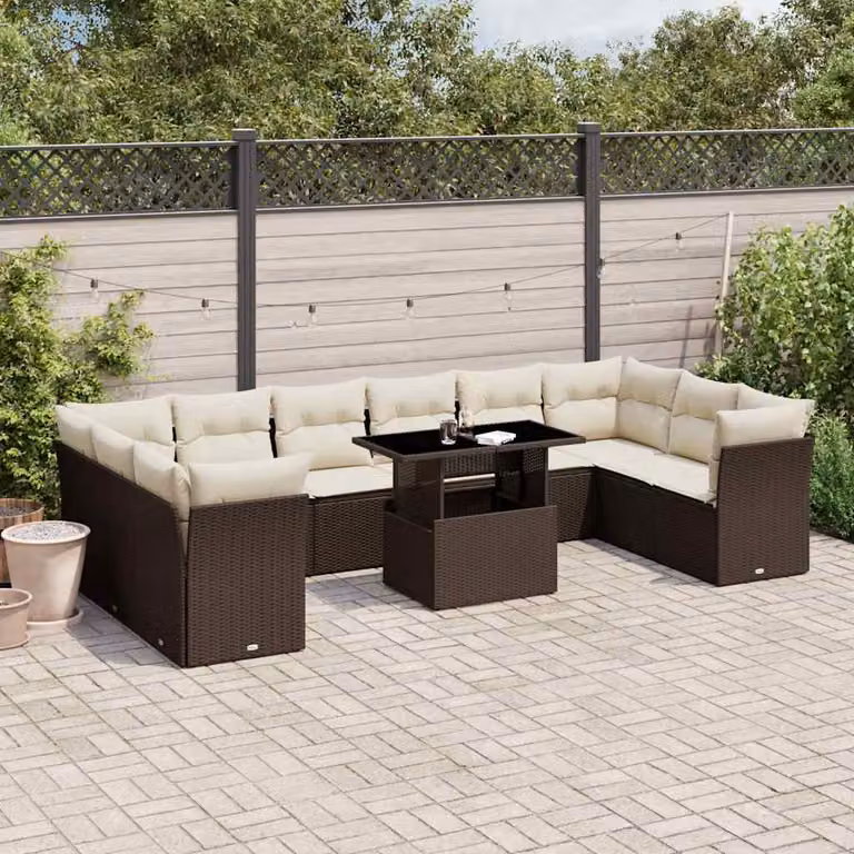 vidaXL Set Divani da Giardino 11 pz in Polyrattan Marrone con Cuscini e Tavolino da Esterno