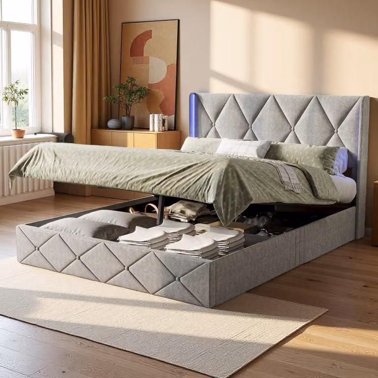 Letto imbottito Fortuna Lai 140x200cm, velluto, con LED, testata, rete e doghe, grigio