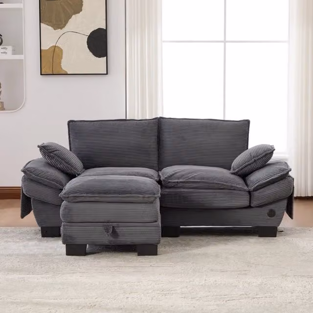 Divano a 2 posti Mivray in velluto a coste grigio con pouf coordinato e ricarica USB-C L: 190 cm, P: 84 cm, H: 76 cm