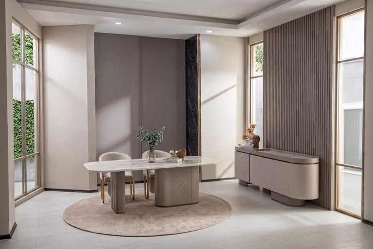 Set per sala da pranzo: tavolo, sedie, credenza. Design moderno, elegante e accogliente