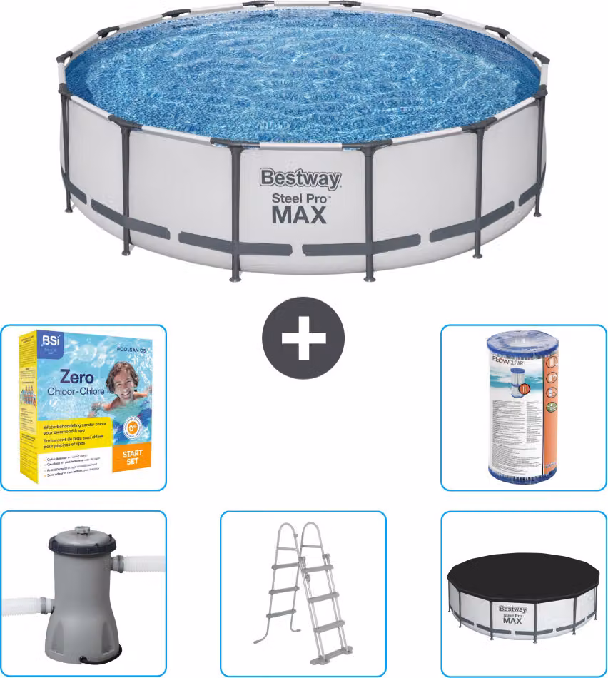 Piscina Bestway Round Steel Pro MAX - 427 x 107 cm - grigio - inclusa pompa - scala - copertura pacchetto manutenzione - filtro