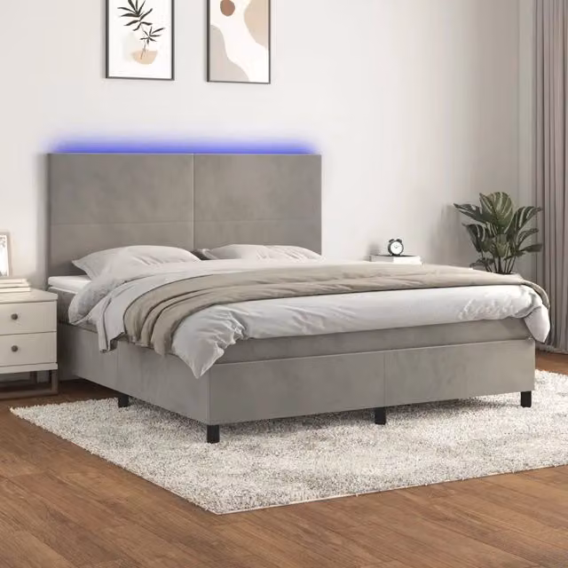 Letto a Molle Materasso e LED Grigio Chiaro 160x200 cm Velluto 3136011