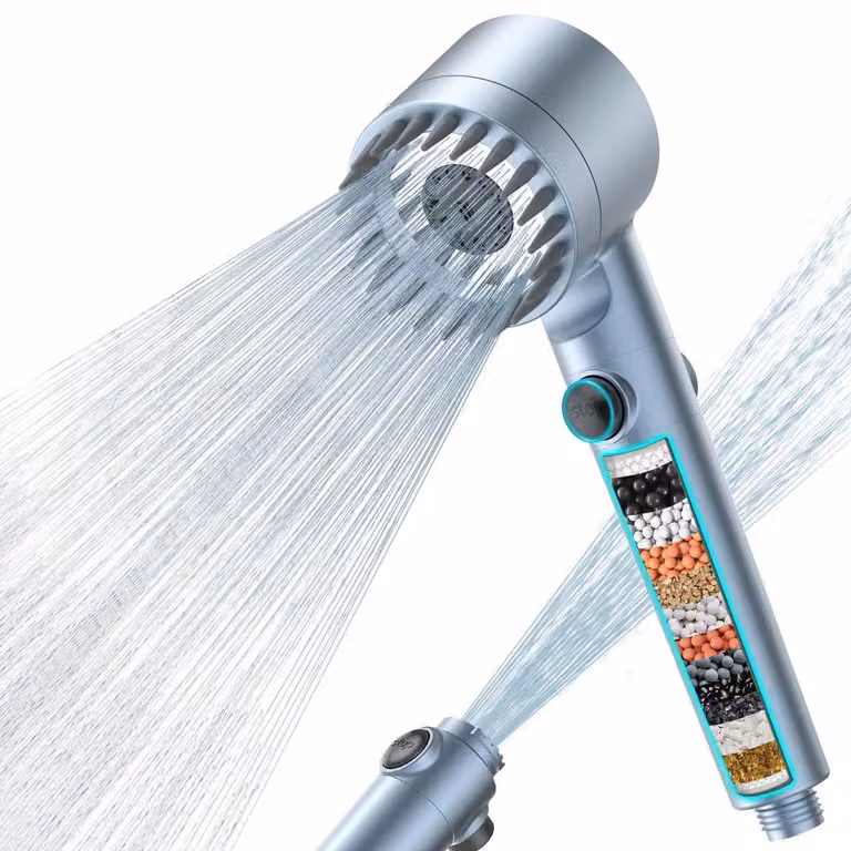 Doccia con filtro a 15 strati, soffione manuale ad alta pressione, tubo da 1,5 metri, 4 tipi di getto, colore blu