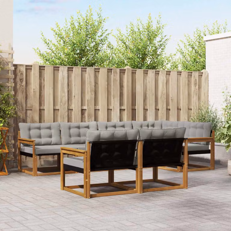 vidaXL Set di divani da esterno a L composto da 7 pezzi in legno di acacia con cuscini beige e grigi
