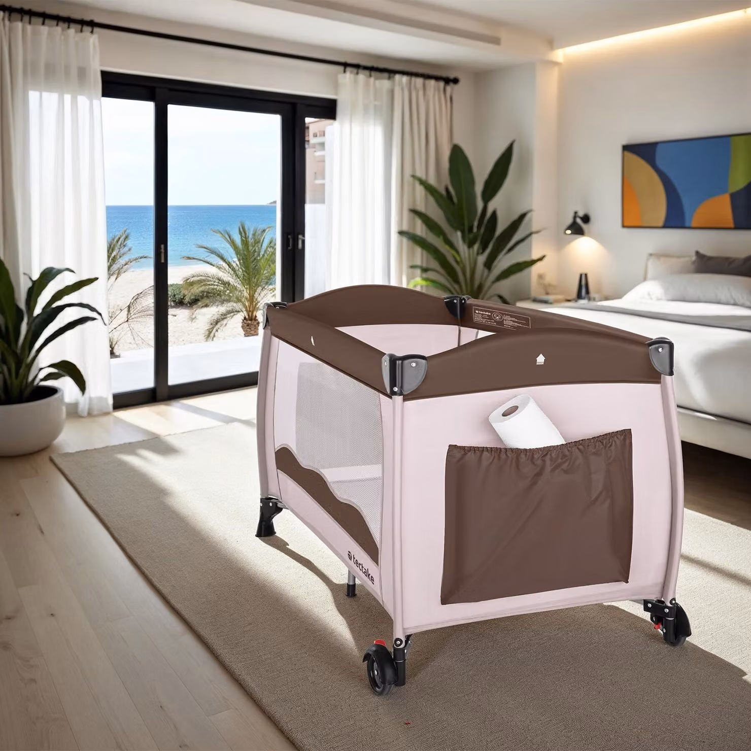 Lettino da viaggio pieghevole per bambini tectake, colore marrone, L: 126 cm, P: 65 cm, H: 80 cm – 1