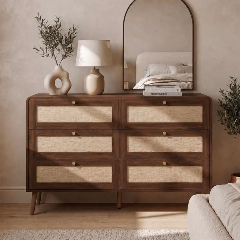 Comodino/Credenza Merax con 6 cassetti, mobile contenitore con aspetto rattan, design noce, angoli arrotondati, gambe alte, MDF, ideale per la camera da letto, finitura noce