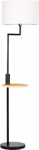 Lampada da terra HOMCOM con mensola integrata in bambù, paralume in tessuto effetto lino e base in acciaio, nero e beige – 1