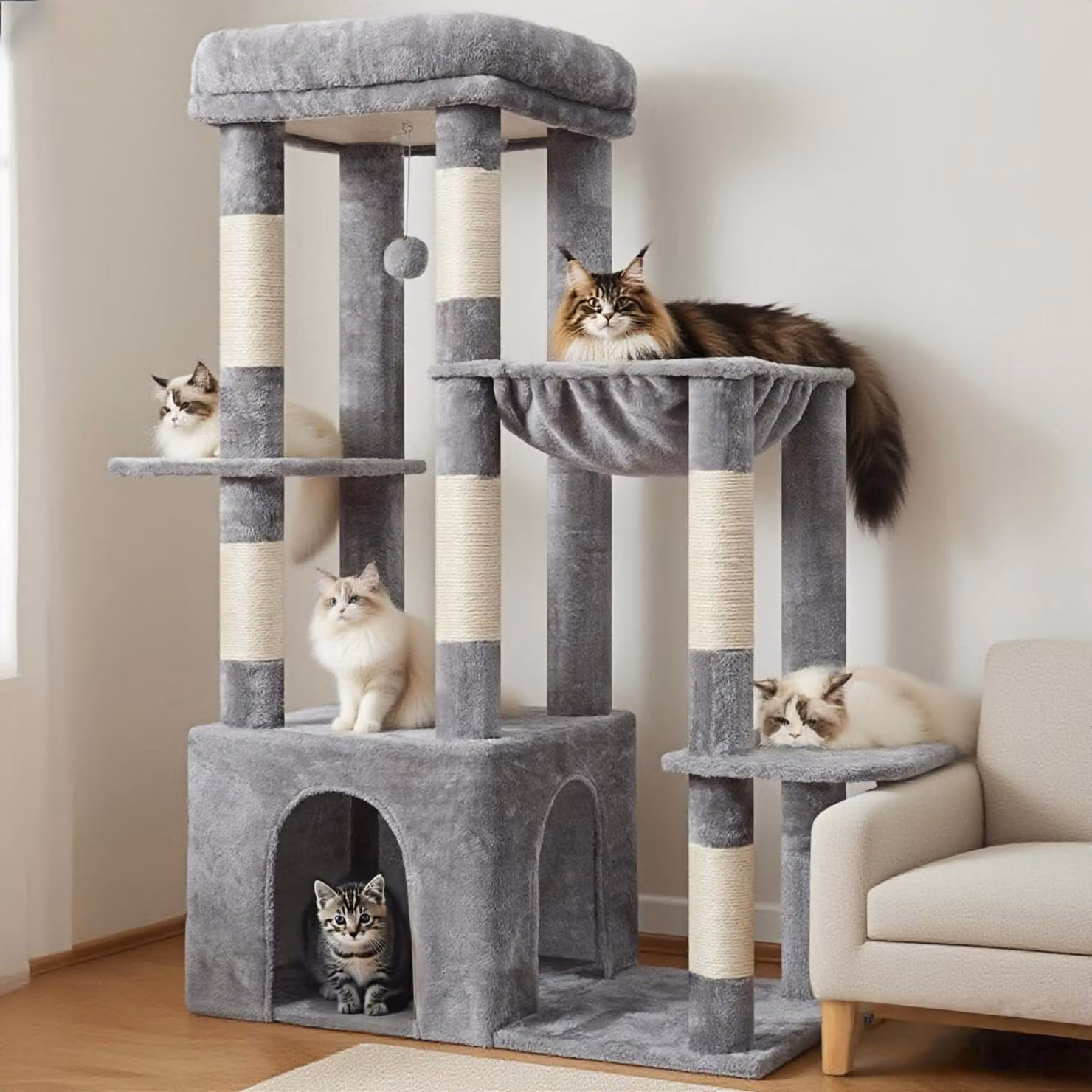 Albero per gatti Kratzbaum, altezza 120 cm, base XL, rivestito in peluche, con tiragraffi, amaca e palla giocattolo, ideale per gatti