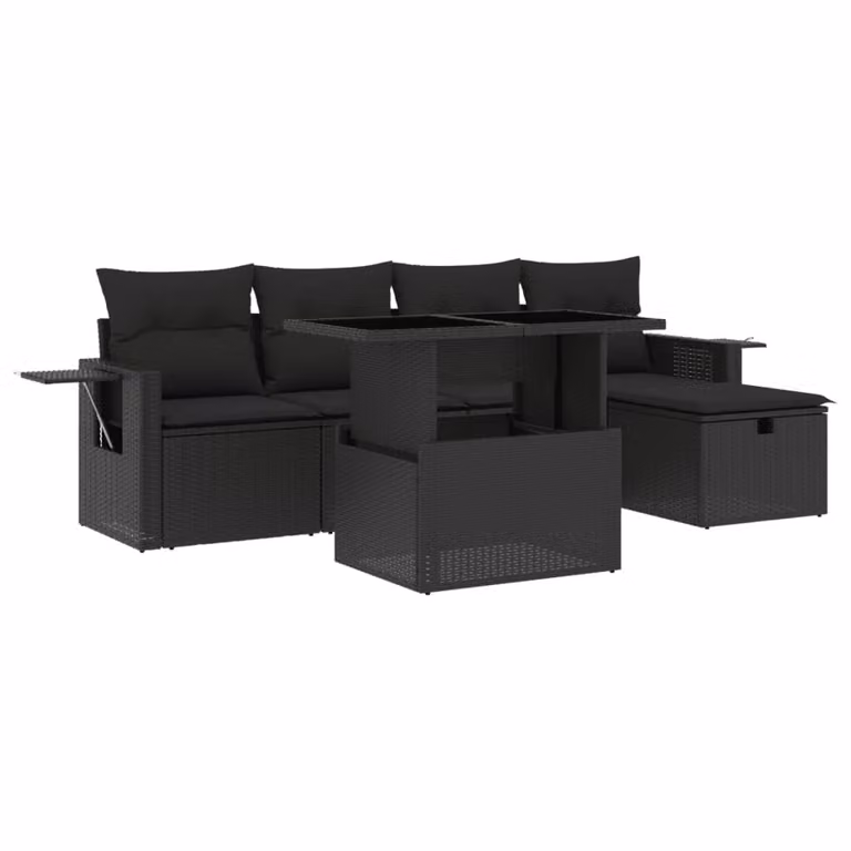 Set Divano da Giardino 6 pz con Cuscini Nero in Polyrattan