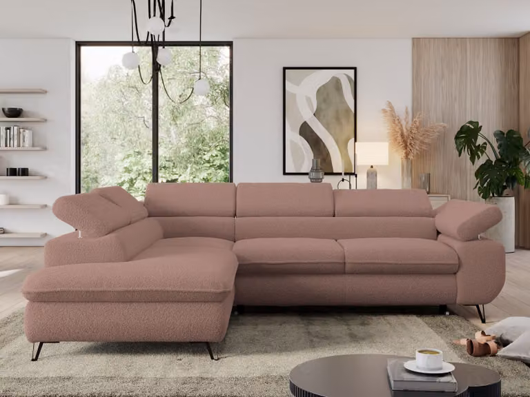 Divano con funzione letto, divano angolare a L, divano da salotto, con poggiatesta regolabili - PEDRO L - Boucle - Rosa - Sinistra