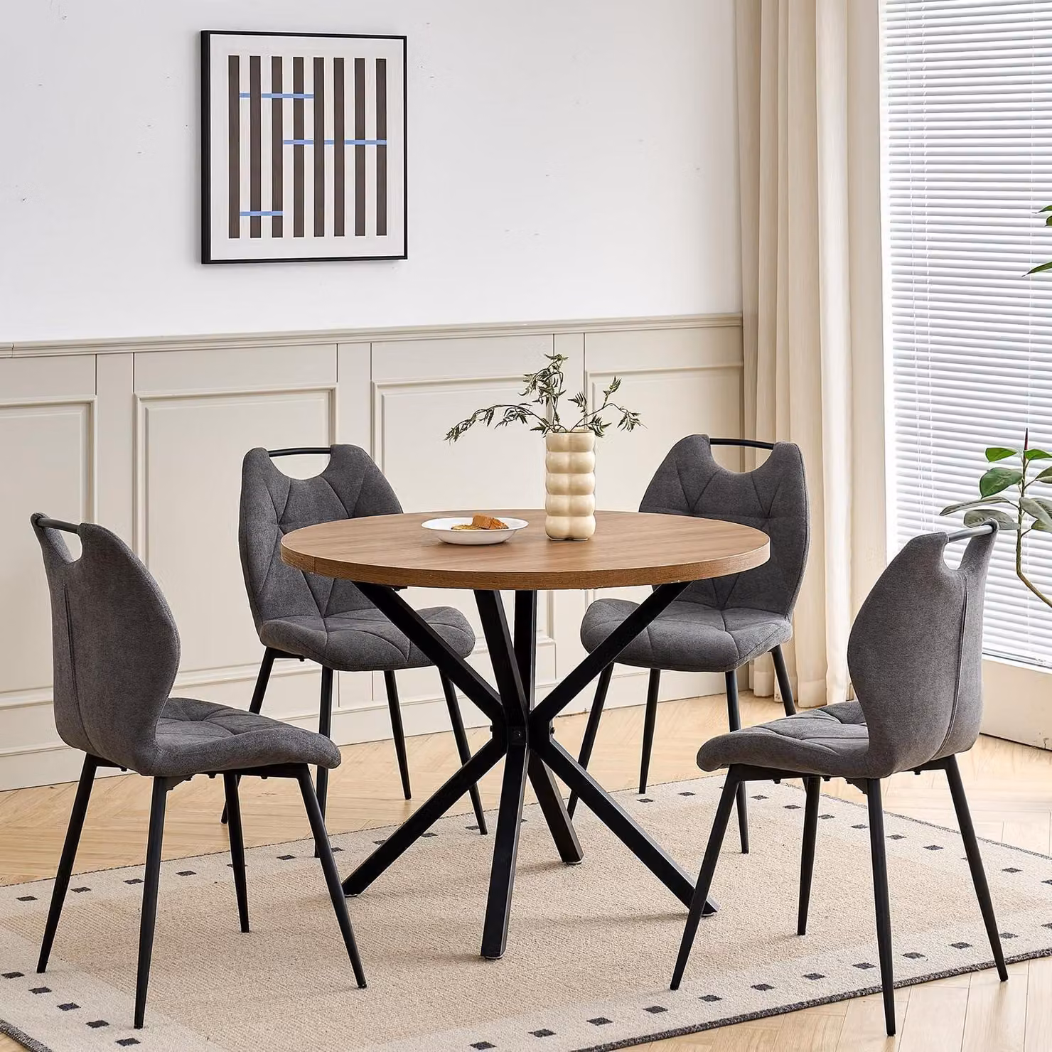Set da pranzo con tavolo rotondo da 100 cm e 4 sedie imbottite, stile nordico, colore grigio scuro
