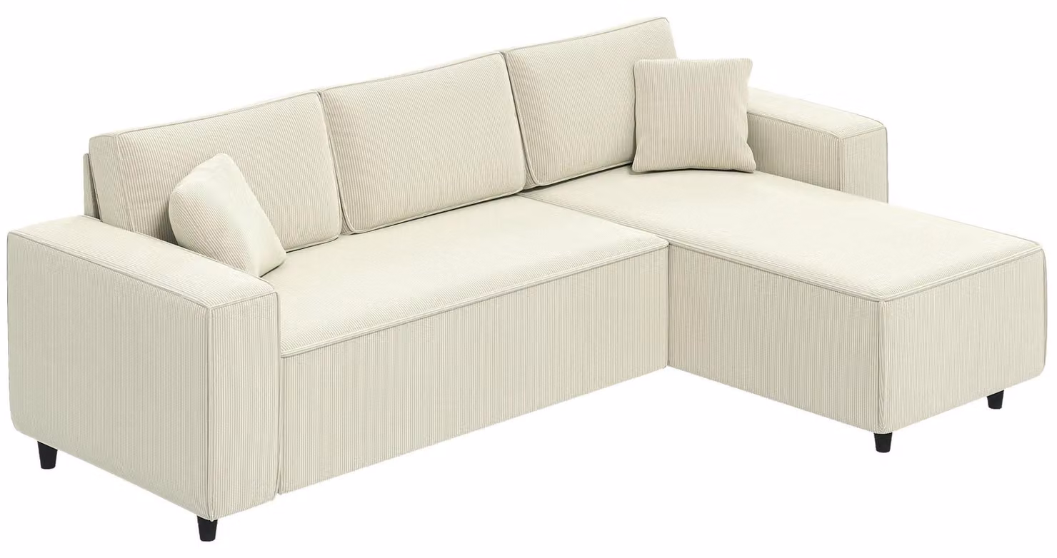 Divano angolare a 3 posti - Modulare a forma di L - Chaise longue reversibile - Imbottitura in piume - Rivestimento in corda - Struttura in legno - Dimensioni: 241x153x83 cm - Colore: crema