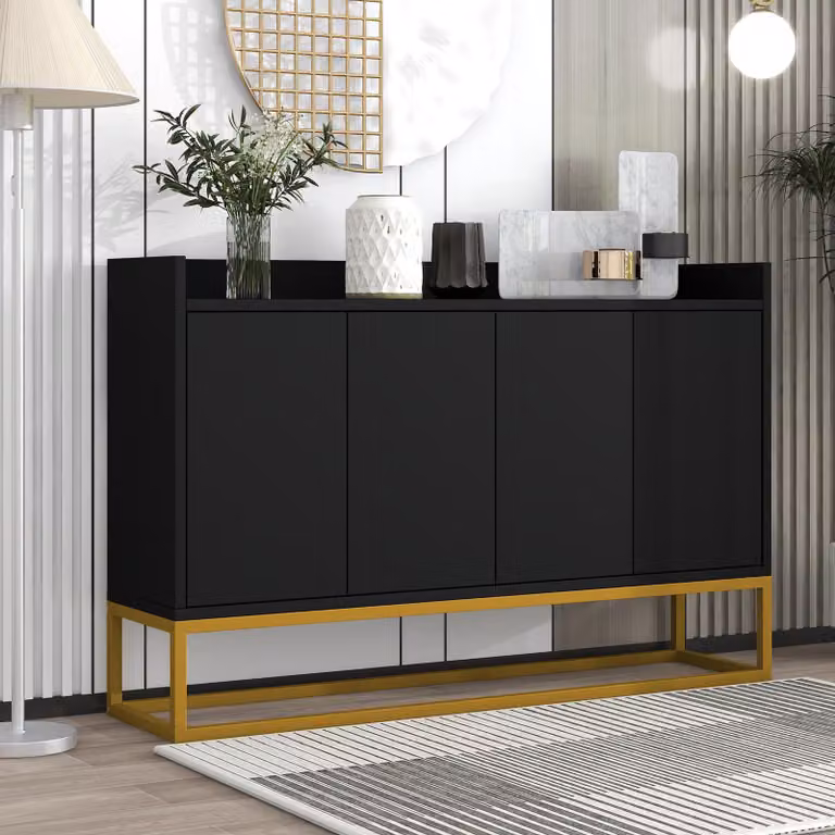 Credenza Merax con 4 ante e ripiani regolabili, struttura in metallo dorato e funzione push-to-open, credenza in legno massiccio per soggiorno, 120*30*80 cm