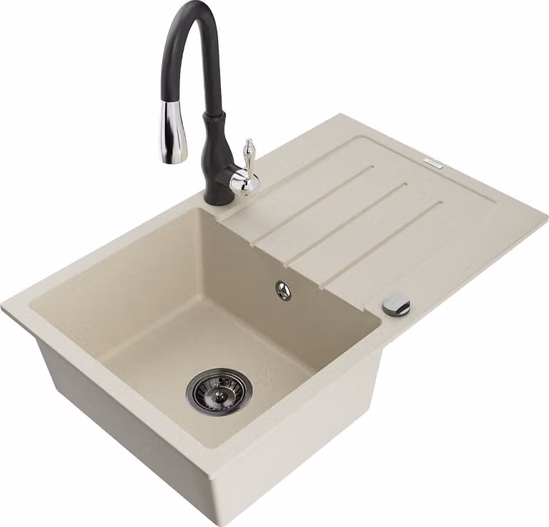 Mexen Bruno lavello in granito a 1 vasca con sgocciolatoio e rubinetto da cucina Savita, beige - 6513-69-672601-70