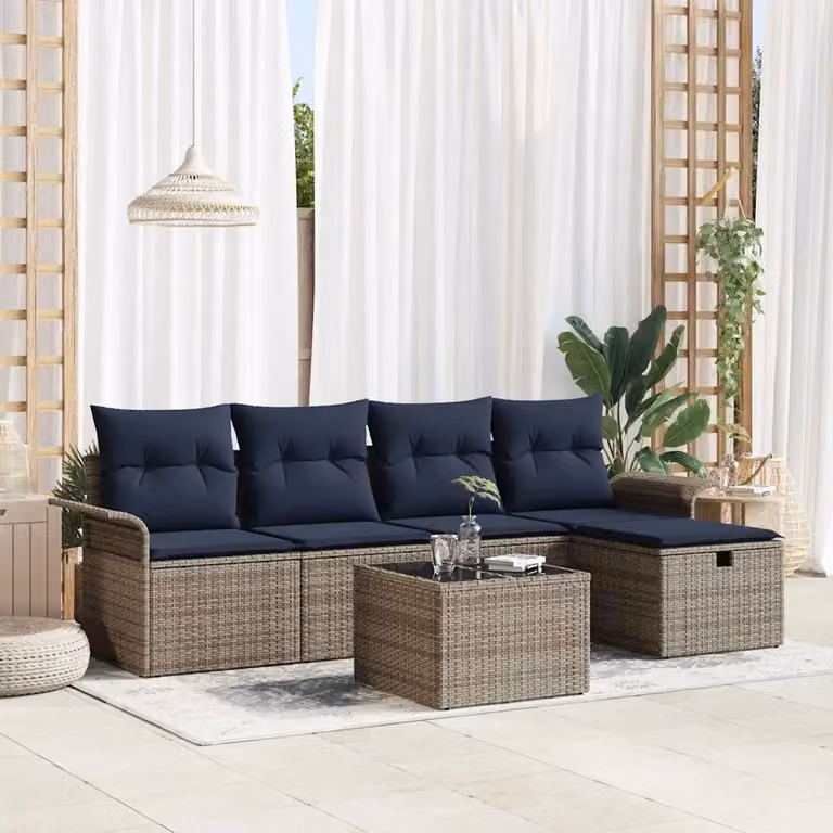 Set Divano da Giardino vidaXL 6 Pezzi a Forma di L in Polyrattan Grigio e Blu con Cuscini e Tavolino da Caffè