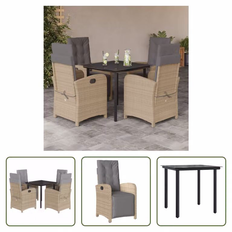 The Living Store Set da pranzo da giardino 5 pezzi con cuscini Beige poly rattan
