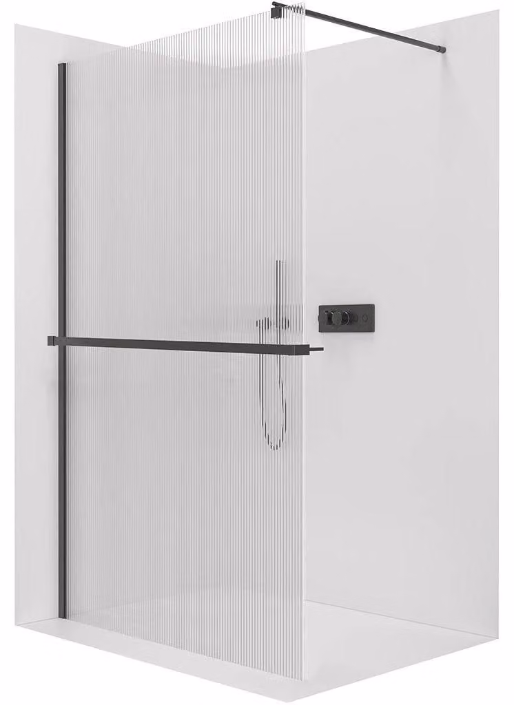 CERANO - Box doccia Walk-in Onyx Round L/P - 8 mm + mensola/portasciugamani - montante rotondo - nero opaco, vetro rigato - 90x200 cm