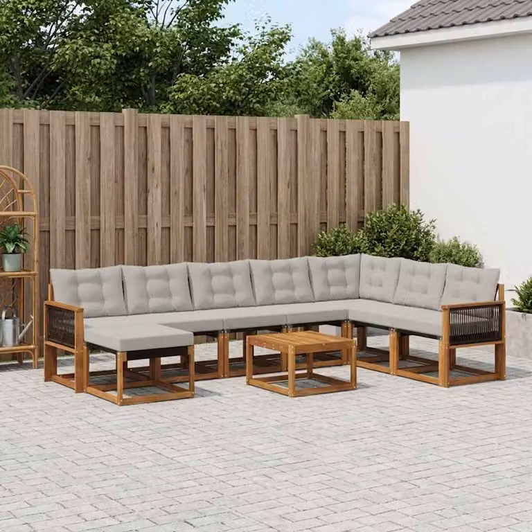 Set di divani da esterno vidaXL a forma di U composto da 9 pezzi in legno di acacia con cuscini in tessuto beige e grigio