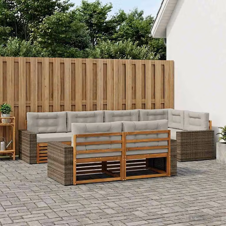 Set di divani da esterno a L vidaXL in legno di acacia con cuscini, 7 pezzi, Beige e Grigio