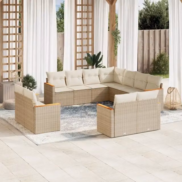 Set di Divani da Giardino vidaXL a Forma di U con 11 Pezzi, Polyrattan e Cuscini Beige e Bianco con Coperture Rimovibili