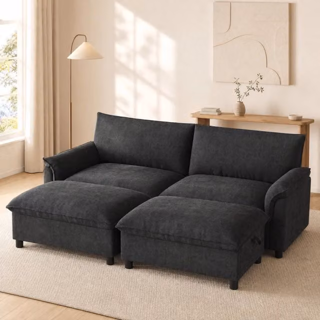 Divano 216x77x82 cm con pouf contenitore e funzione letto in chenille grigio