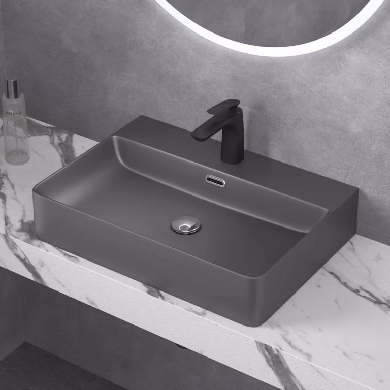doporro Lavabo da Appoggio Lavandino Sospeso Bagno Rettangolare 60 cm in Vetroceramica Antracite Opaco con Foro per Rubinetto e Troppopieno - Meissen201