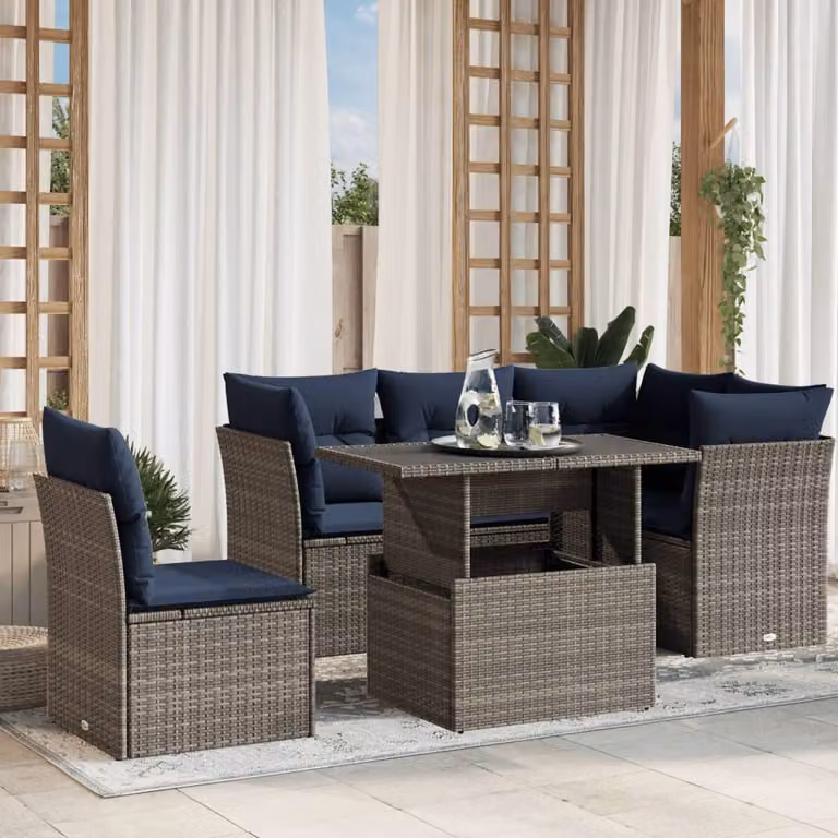 Set da giardino vidaXL a 6 pezzi con divani a L, tavolino da caffè e cuscini, polyrattan e metallo, grigio e blu