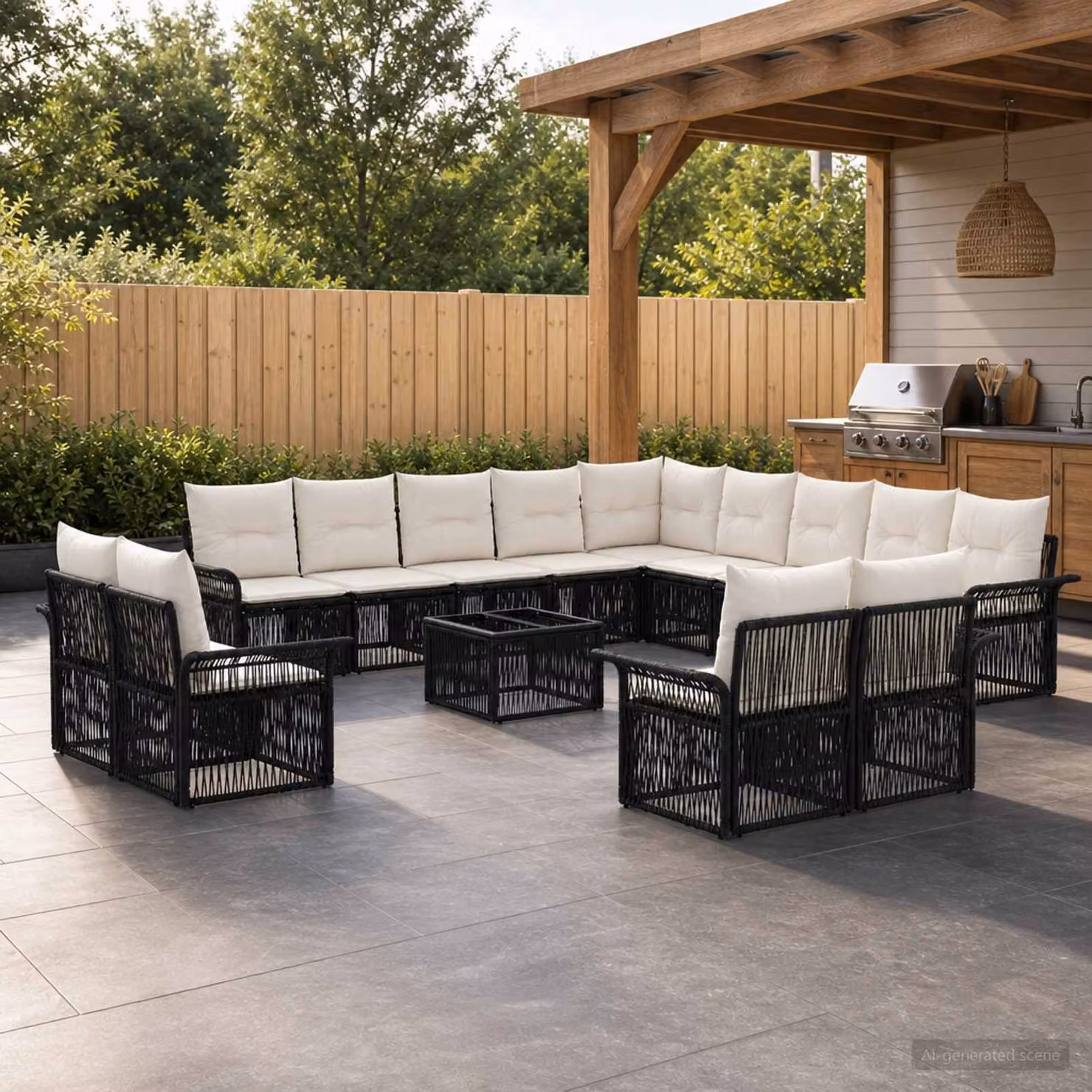 vidaXL Set Divano da Giardino 14 pz Moderno a Forma di U in Polyrattan con Tavolino e Cuscini, Nero e Bianco Crema