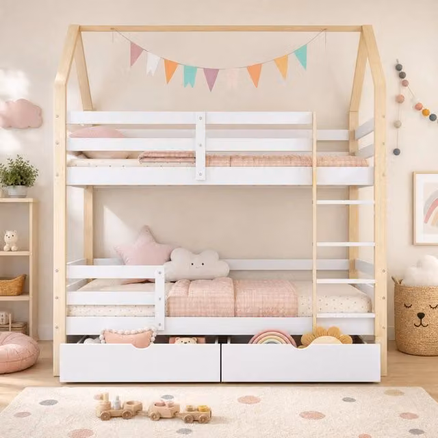 Letto per bambini a forma di casa 90x200 cm in legno di pino bianco e rovere