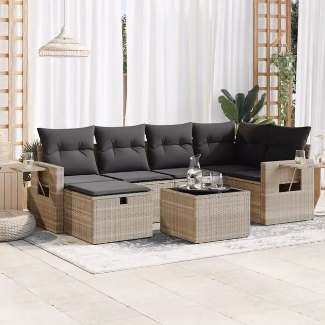 Set Divani da Giardino 7pz con Cuscini Grigio Chiaro Polyrattan 3325498