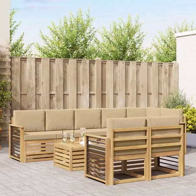 Set di divani da esterno moderno vidaXL in legno di acacia con cuscini, colore bianco, beige e marrone – 1