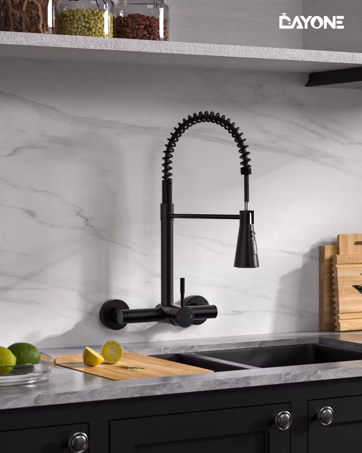 Miscelatore da cucina da montare a parete, con doccetta estraibile, colore nero, per la cucina