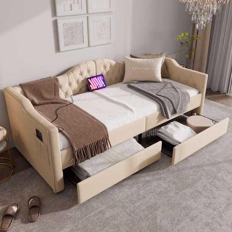 STILVORA Divano letto imbottito 90x200 cm con contenitore e porta USB Type-C, struttura letto per ragazzi con rete a doghe, velluto, beige (senza materasso)