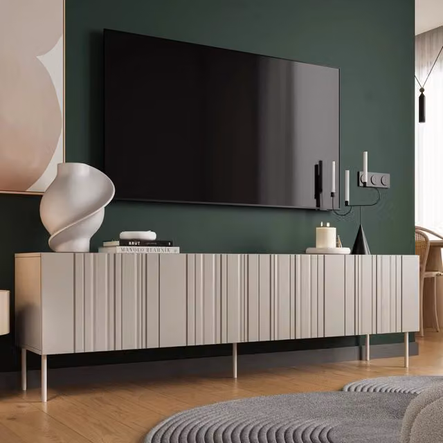 Mobile porta TV Sospiro, Madia da salotto con quattro ante battenti e quattro vani interni, Rialzato da terra, 201x42 h60 cm, Beige