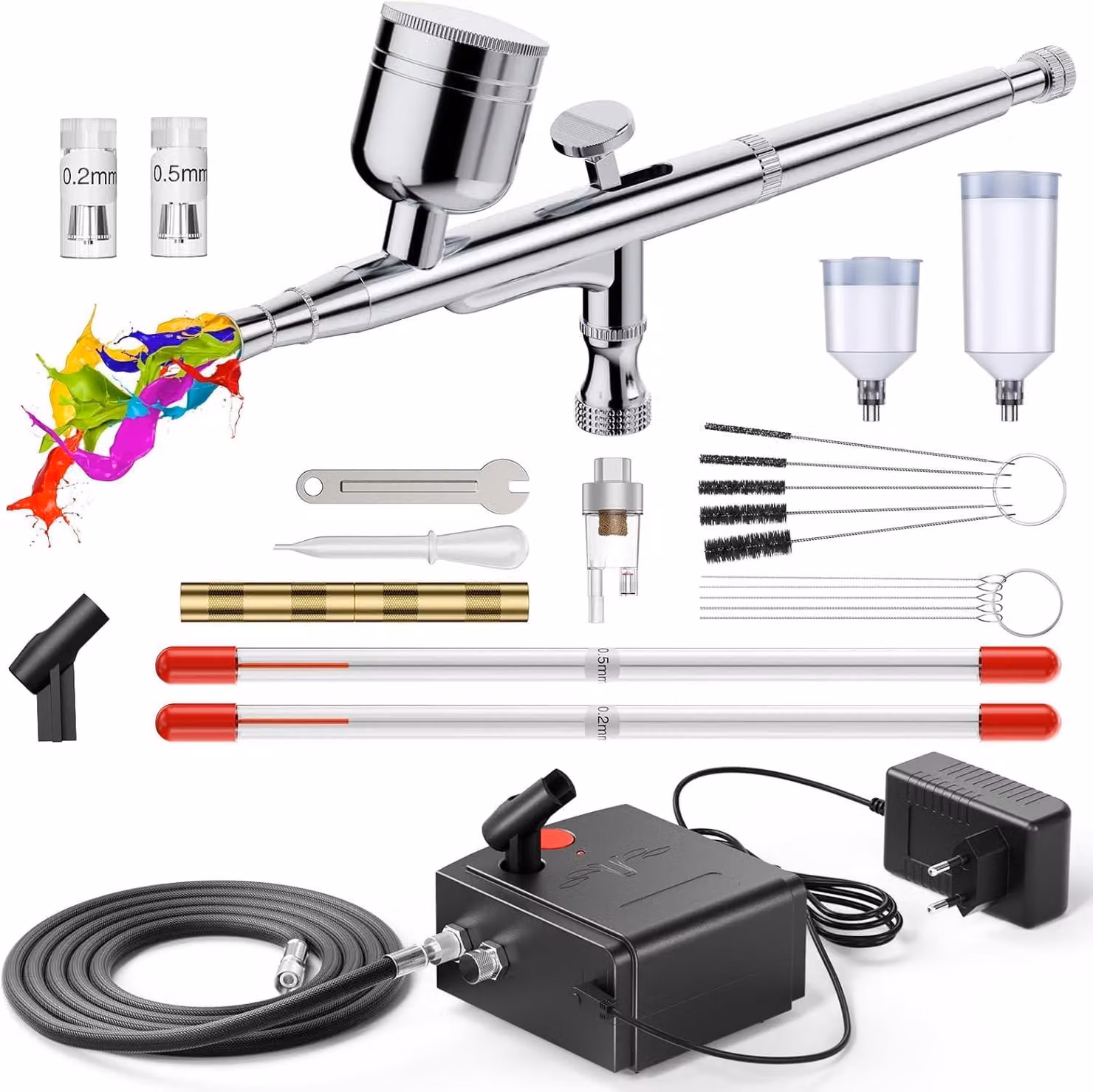 Kit per aerografo completo di compressore, con pressione regolabile da 0 a 40 psi, modello a doppia azione e dotato di 3 ugelli