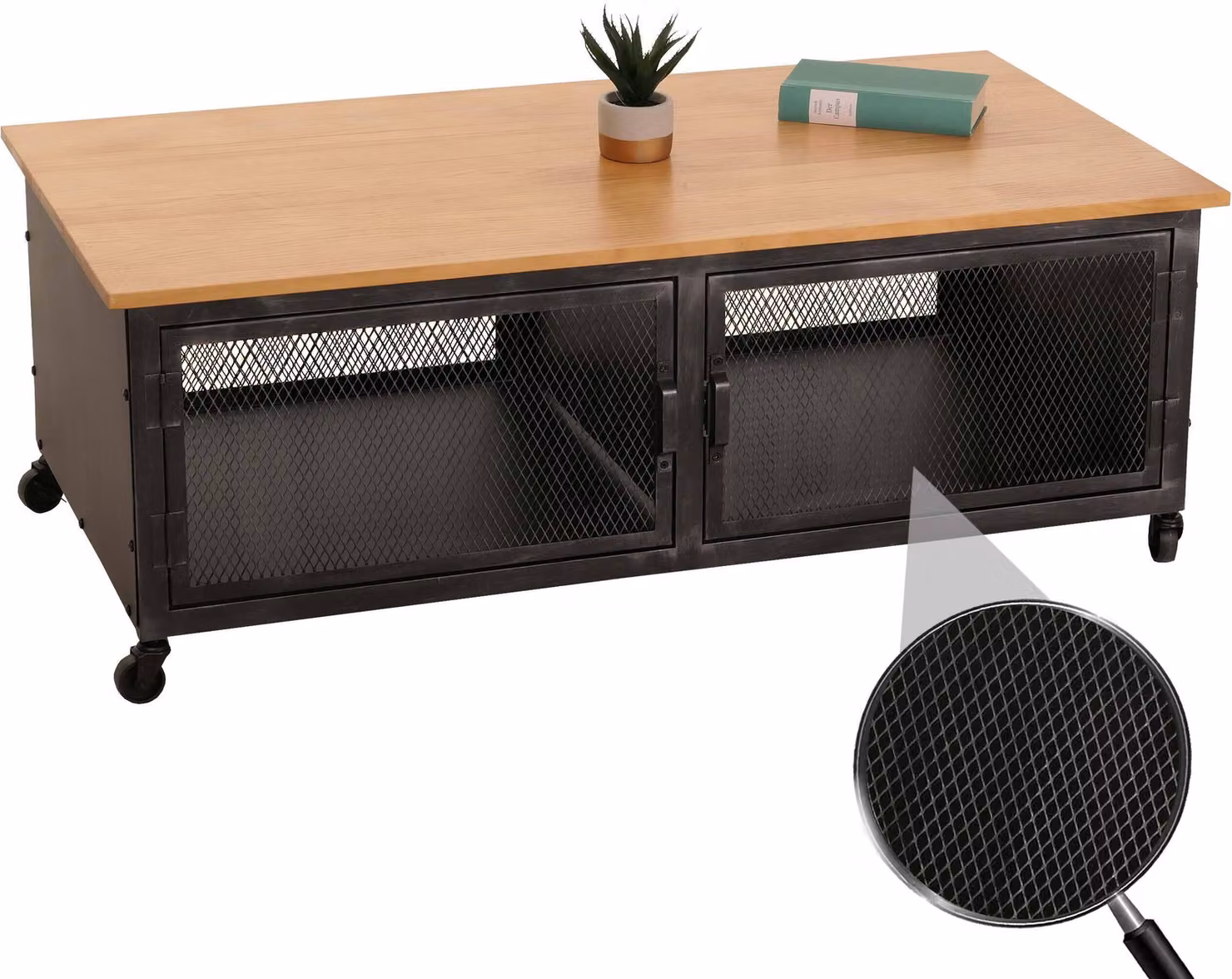 Tavolino da divano MCW-N28, con ruote, 2 scomparti, struttura 3D in stile industriale retrò, realizzato in metallo e legno, dimensioni 45x120x60 cm, colore nero e naturale