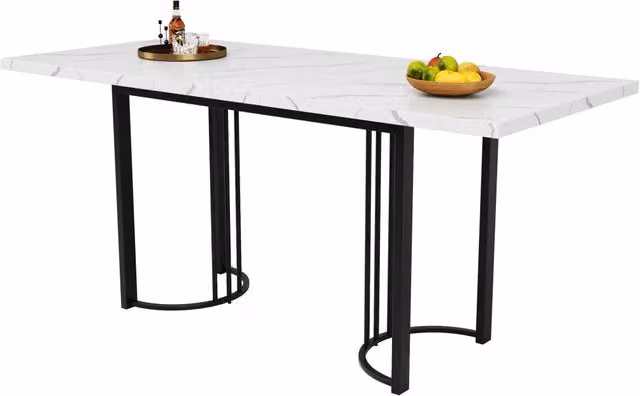 Tavolo da pranzo allungabile 140-179,5×80 cm con struttura in metallo, piano in MDF effetto marmo, bianco/nero