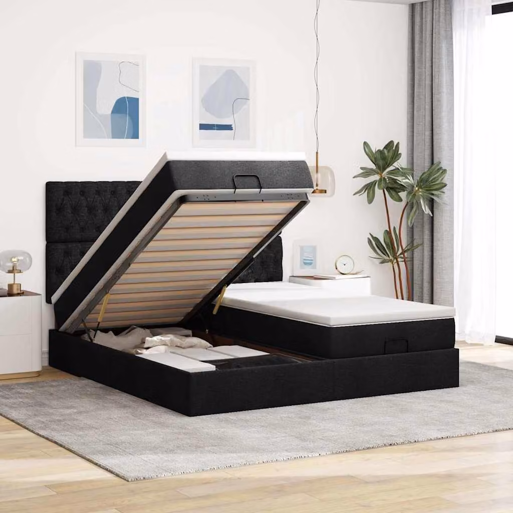Letto moderno vidaXL con contenitore a sollevamento, luce integrata, porta USB e luci sottostante, colore nero e bianco, L: 200 cm, P: 200 cm, H: 280 cm