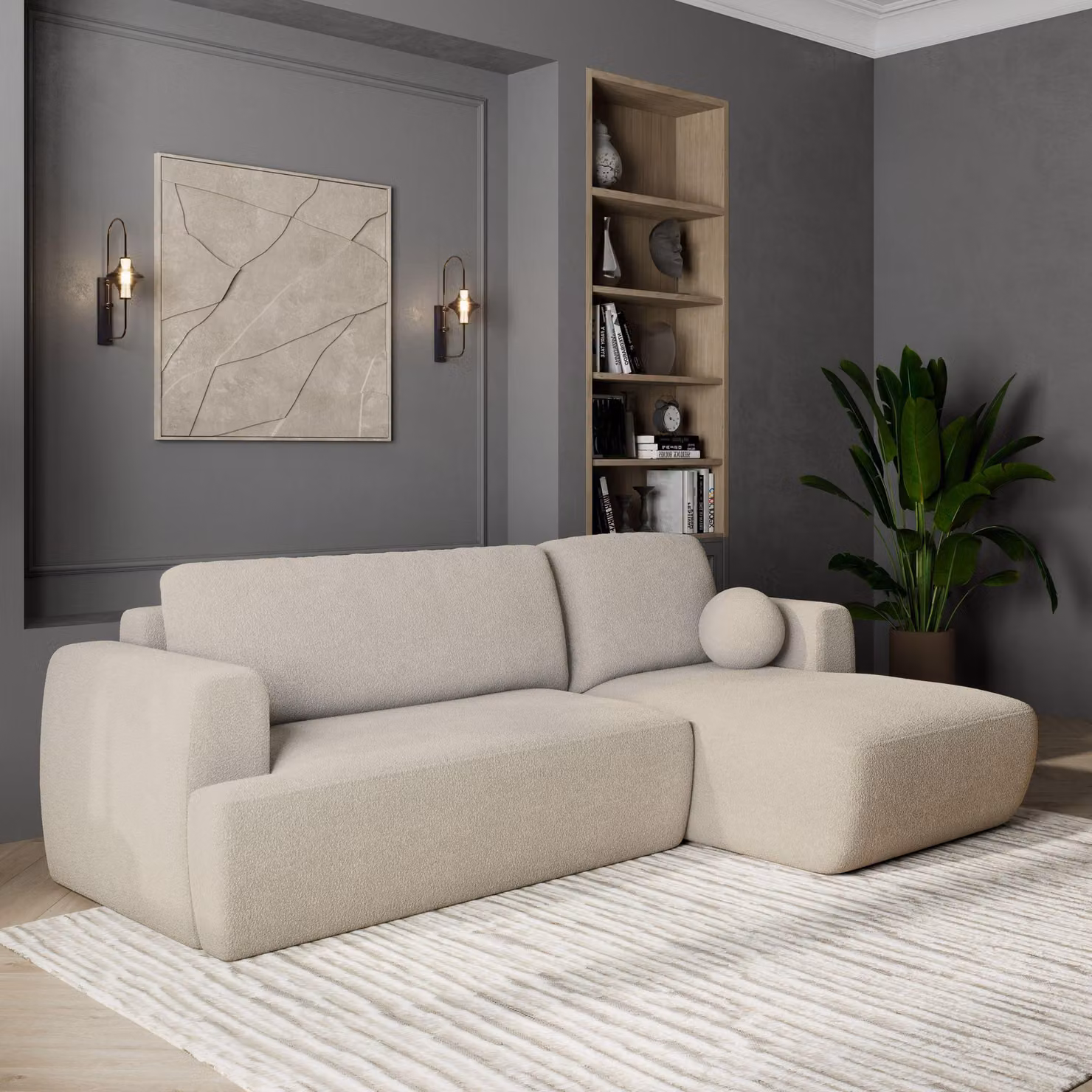 Divano angolare Masseno SENTI N R-S con funzione letto a L, divano con box letto, divano da salotto, divano, divano letto, set divano crema, ORA O MAI PIÙ 02