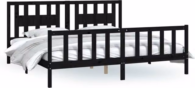 Letto matrimoniale | Letto per adulti | Giroletto con Testiera Nero Legno Massello di Pino 200x200 cm