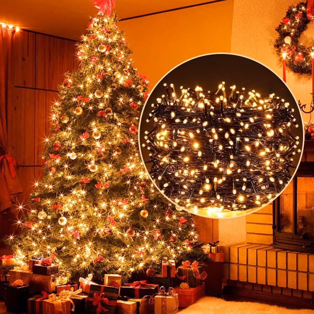 Catena luminosa LED da 50 metri, luce bianco caldo, cavo verde, 8 modalità, impermeabile