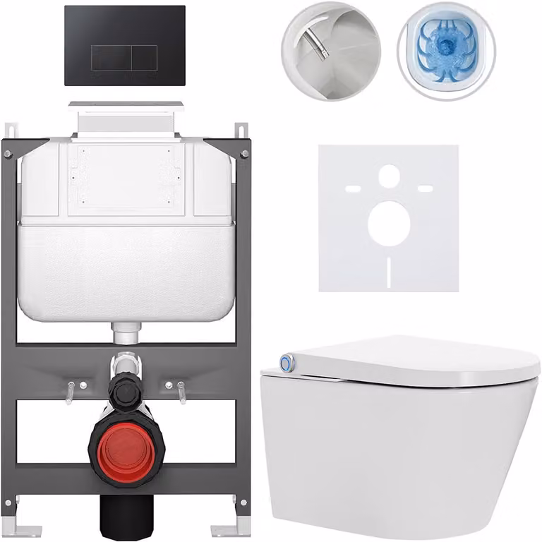 WC sospeso con bidet Cronus Standard - bianco lucido - pulsante Prime/Modulo, nero - azionamento superiore - installazione a parete/con pannello di cartongesso - 59,3 x 38,4 cm