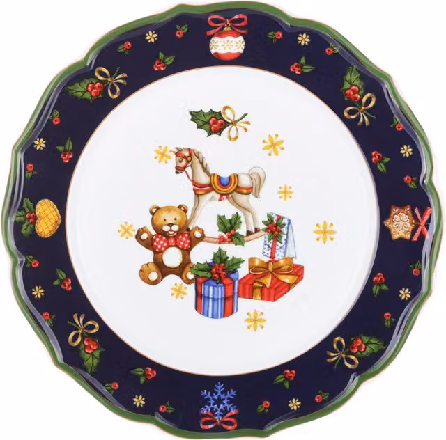 Sottopiatto natalizio KASANOVA in porcellana blu con decorazione regali, Diametro: 32,5 cm – 1