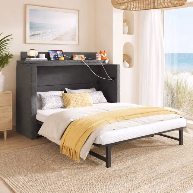 Letto a scomparsa 140x200 cm con cassetto; USB e Type-C; lino grigio